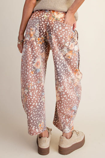 Easel Animal Floral Print Washed Twill Barrel Pants in Bambi