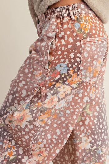 Easel Animal Floral Print Washed Twill Barrel Pants in Bambi