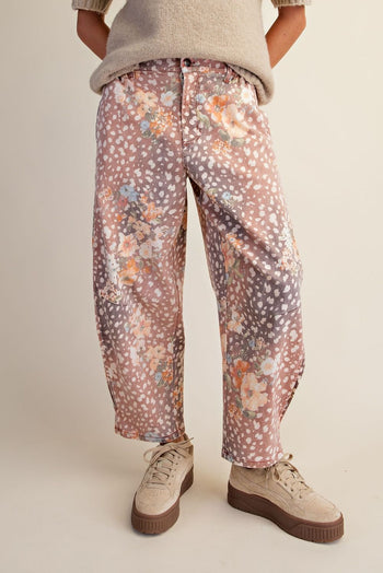 Easel Animal Floral Print Washed Twill Barrel Pants in Bambi