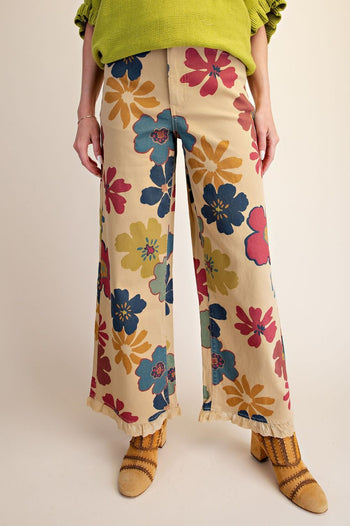 Easel Floral Print Enzyme Washed Stretch Twill Pants in Dijon