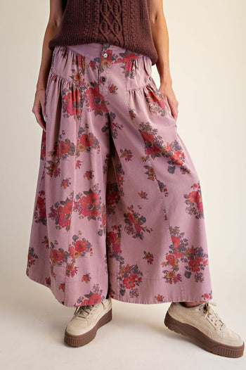 Easel Floral Print Mineral Washed Twill Pants in Mauve