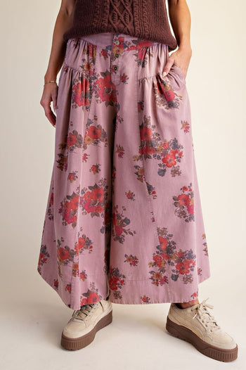 Easel Floral Print Mineral Washed Twill Pants in Mauve
