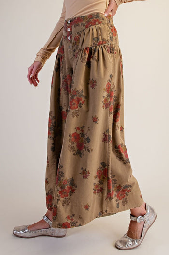 Easel Floral Print Mineral Washed Twill Pants in Olive