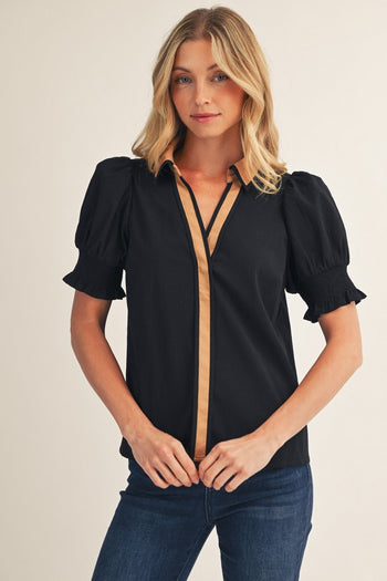 Jodifl Contrast Accent Crinkled Solid Top in Black
