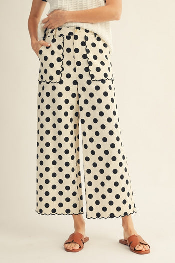 Jodifl Polka Dot Pants with Embroidered Scallop Edge Detail in Black