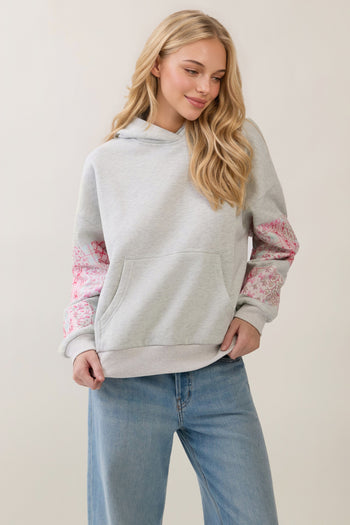 Veveret Sweatshirt Hoodie With Patchwork Sleeve Detail in Pink