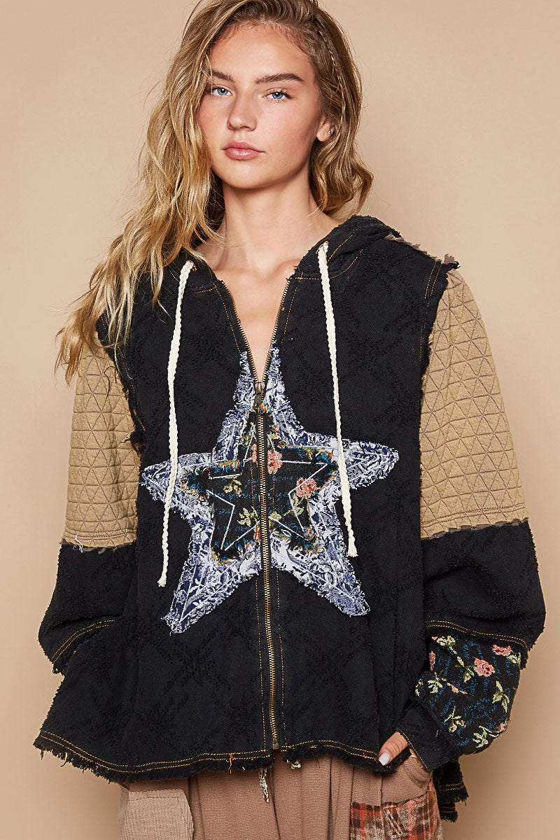POL OVERSIZED Front Jacquard Star Patched Hooded Jacket in Black