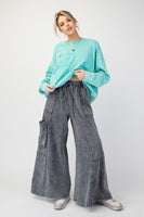 Easel Mineral Washed Terry Knit Cargo Pants in Smoke