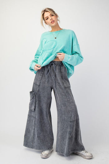 Easel Mineral Washed Terry Knit Cargo Pants in Smoke