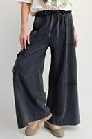 Easel Mineral Washed Terry Knit Cargo Pants in Black