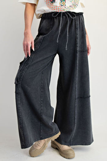 Easel Mineral Washed Terry Knit Cargo Pants in Black