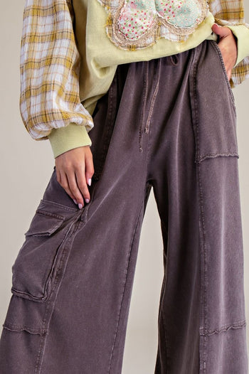 Easel Mineral Washed Terry Knit Cargo Pants in Dark Mocha ON ORDER