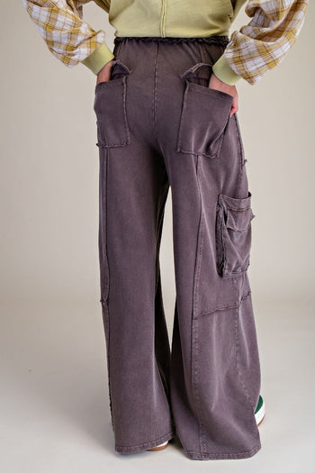Easel Mineral Washed Terry Knit Cargo Pants in Dark Mocha ON ORDER