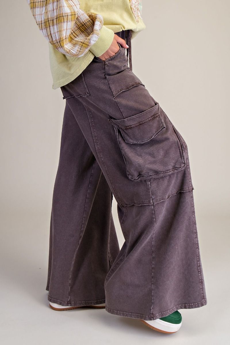 Easel Mineral Washed Terry Knit Cargo Pants in Dark Mocha – June Adel