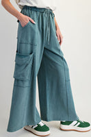 Easel Mineral Washed Terry Knit Cargo Pants in Faded Teal