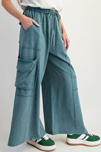 Easel Mineral Washed Terry Knit Cargo Pants in Faded Teal