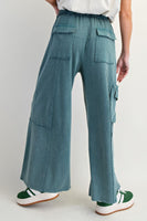 Easel Mineral Washed Terry Knit Cargo Pants in Faded Teal