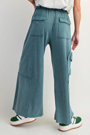 Easel Mineral Washed Terry Knit Cargo Pants in Faded Teal