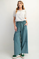 Easel Mineral Washed Terry Knit Cargo Pants in Faded Teal