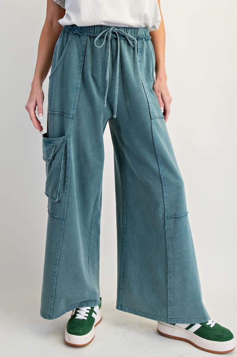 Easel Mineral Washed Terry Knit Cargo Pants in Faded Teal