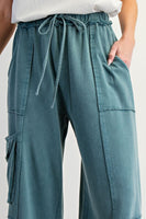 Easel Mineral Washed Terry Knit Cargo Pants in Faded Teal