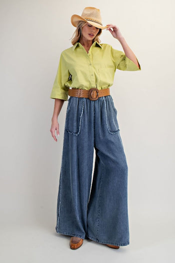 Easel Frayed Detailed Washed Chambray Palazzo Pants in Washed Denim