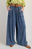 Easel Frayed Detailed Washed Chambray Palazzo Pants in Washed Denim