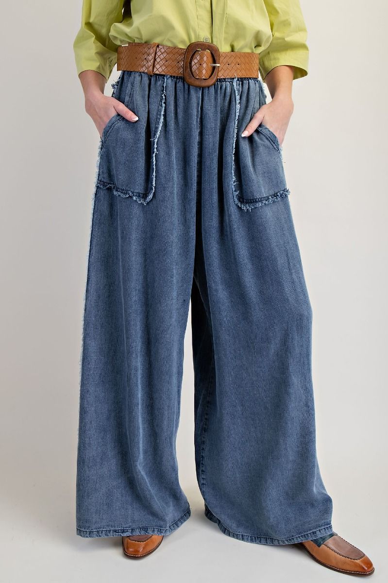 Easel Frayed Detailed Washed Chambray Palazzo Pants in Washed Denim