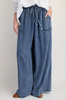 Easel Frayed Detailed Washed Chambray Palazzo Pants in Washed Denim
