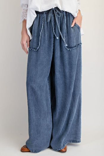 Easel Frayed Detailed Washed Chambray Palazzo Pants in Washed Denim