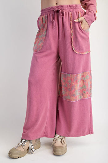 Easel Terry Knit and Floral Knit Pants in Boho Red