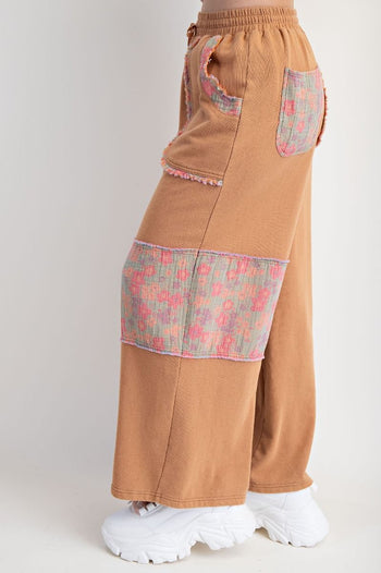 Easel Terry Knit and Floral Knit Pants in Camel