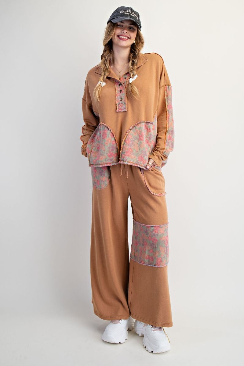 Easel Terry Knit and Floral Knit Pants in Camel – June Adel