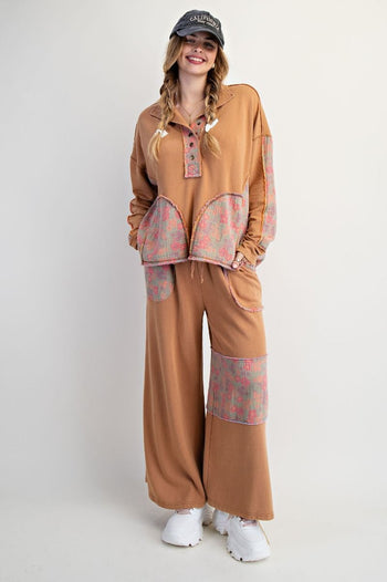 Easel Terry Knit and Floral Knit Pants in Camel
