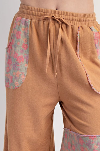 Easel Terry Knit and Floral Knit Pants in Camel