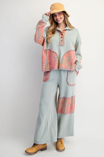 Easel Terry Knit and Floral Knit Pants in Sage