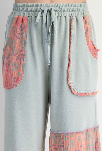 Easel Terry Knit and Floral Knit Pants in Sage
