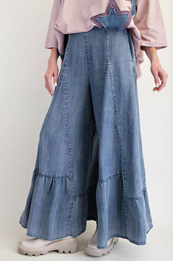 Easel Ruffle Hem Palazzo Pants in Dark Denim