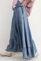 Easel Ruffle Hem Palazzo Pants in Dark Denim