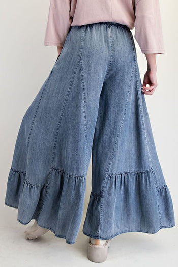 Easel Ruffle Hem Palazzo Pants in Dark Denim