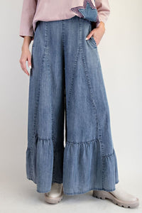 Easel Ruffle Hem Palazzo Pants in Dark Denim – June Adel