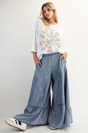 Easel Ruffle Hem Palazzo Pants in Washed Denim