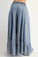 Easel Ruffle Hem Palazzo Pants in Washed Denim
