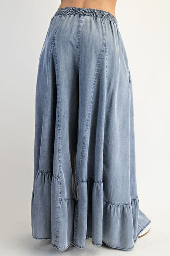 Easel Ruffle Hem Palazzo Pants in Washed Denim