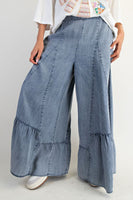 Easel Ruffle Hem Palazzo Pants in Washed Denim