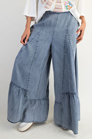 Easel Ruffle Hem Palazzo Pants in Washed Denim