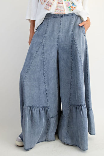 Easel Ruffle Hem Palazzo Pants in Washed Denim
