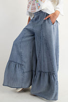 Easel Ruffle Hem Palazzo Pants in Washed Denim