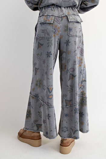Easel Mineral Washed Terry Knit Floral Print Pants in Ash ON ORDER