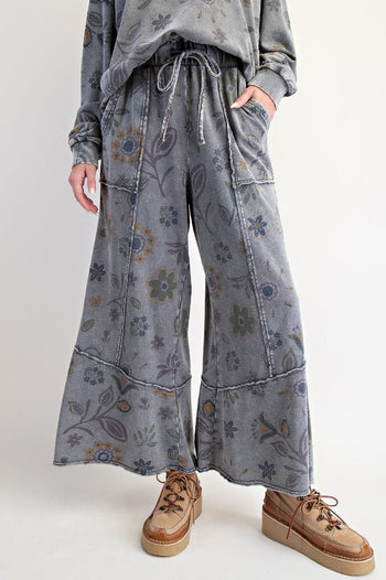 Easel Mineral Washed Terry Knit Floral Print Pants in Ash ON ORDER